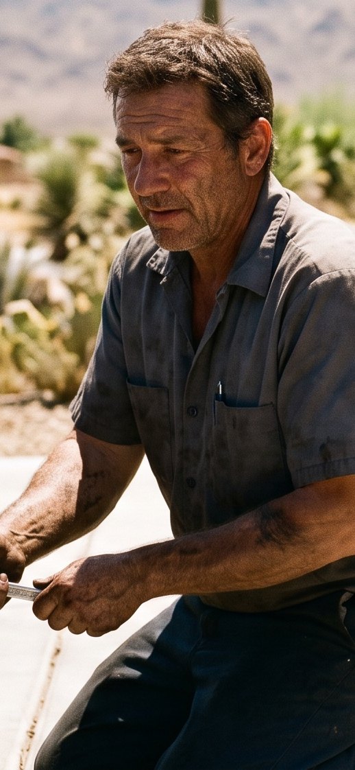 Mobile mechanic working on a car parked in a Paradise, Nevada driveway in the desert sun