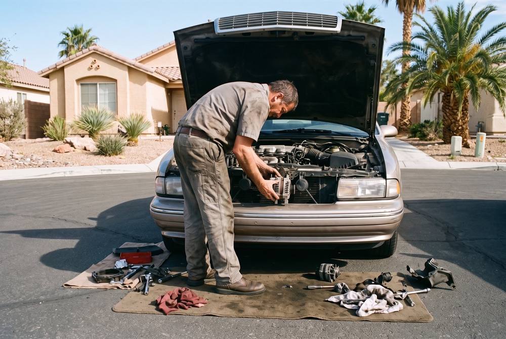 Independent mobile mechanic performing on-site vehicle repair in a Spring Valley, Nevada driveway