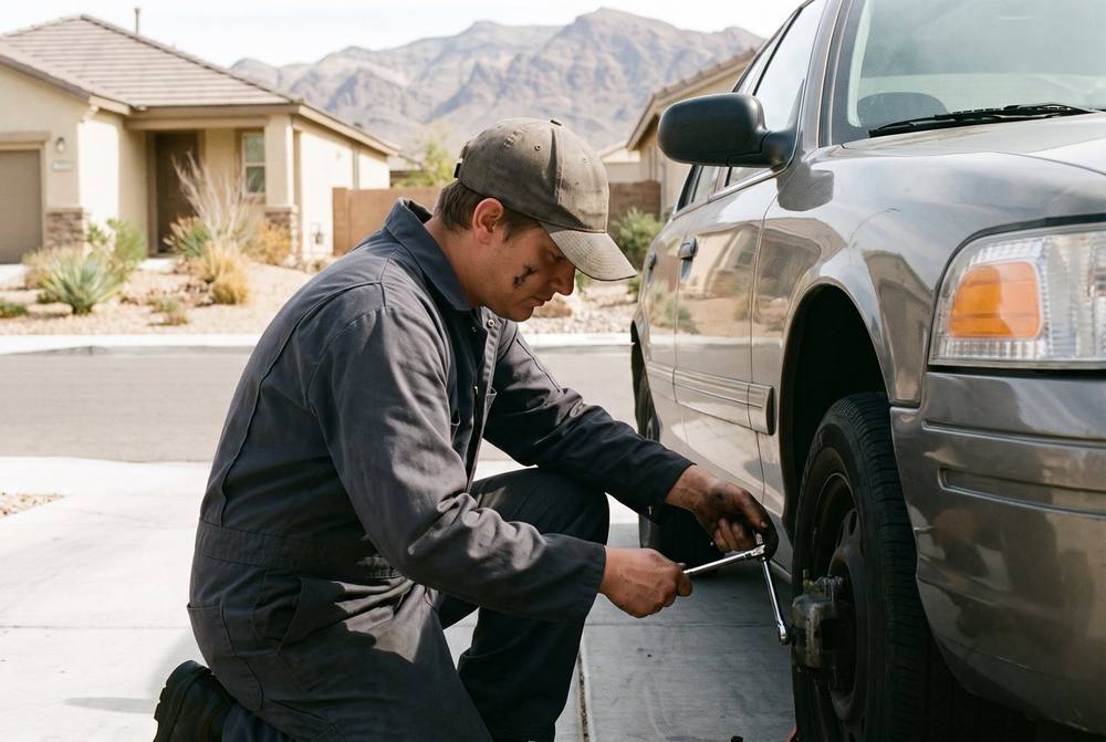 Mobile mechanic replacing a car battery in an office parking lot in Paradise, Nevada