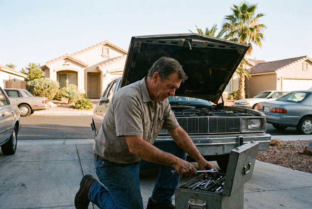 Mobile mechanic working on a car engine in a Centennial Hills driveway in Las Vegas, NV