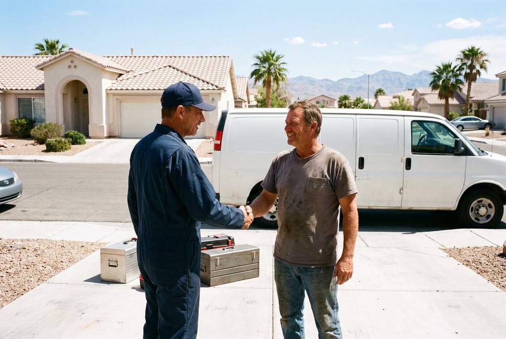 Independent mobile mechanic performing a repair on a vehicle parked in a Summerlin driveway in Las Vegas, Nevada