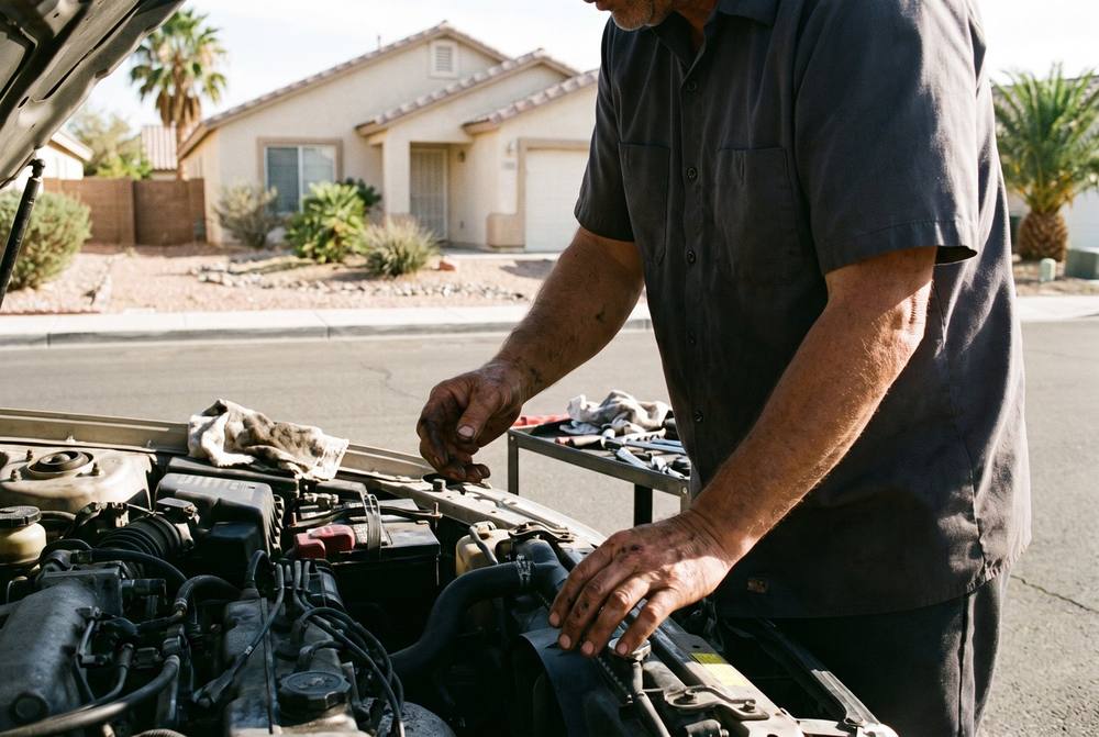 Mobile mechanic performing vehicle diagnostic work at a customer's driveway in Boulder City, Nevada